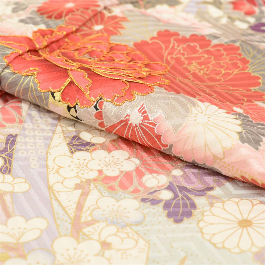 [Used] Furisode (long-sleeved kimono) and Nagajuban (undergarment) set, pure silk, length 162.0cm (63.8in) (size L), sleeve length 66.0cm (26.0in), pink, fan and floral pattern, gold embroidery, vintage, tt2561b 