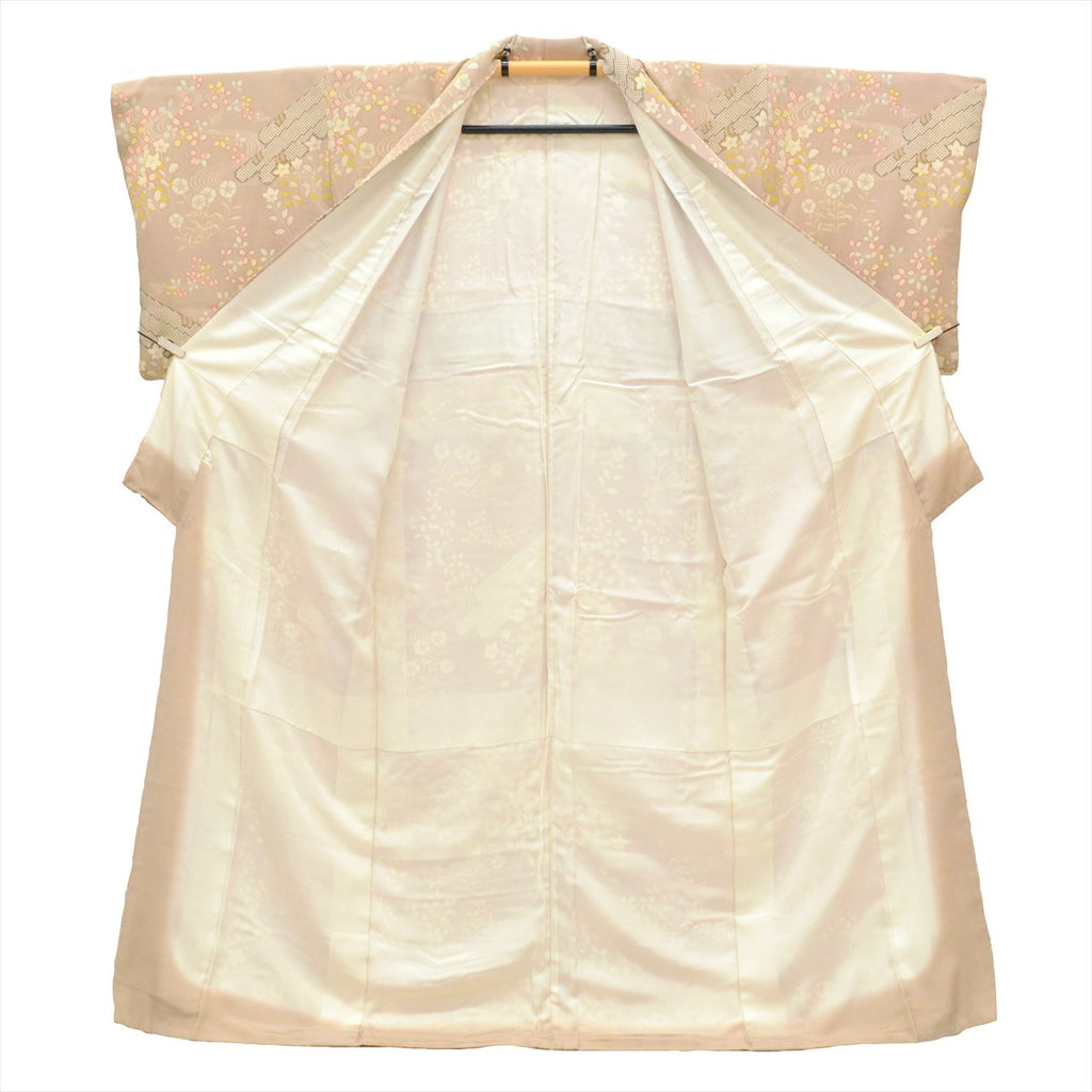 [Used] Komon (small patterned) recycled kimono, pure silk, lined, length 162.5cm (64.0in), size L, sleeve length 69.0cm (27.2in), brown tones, autumn flower pattern, crepe fabric, high quality, semi-formal, spring, summer, autumn, winter, ready-made. 