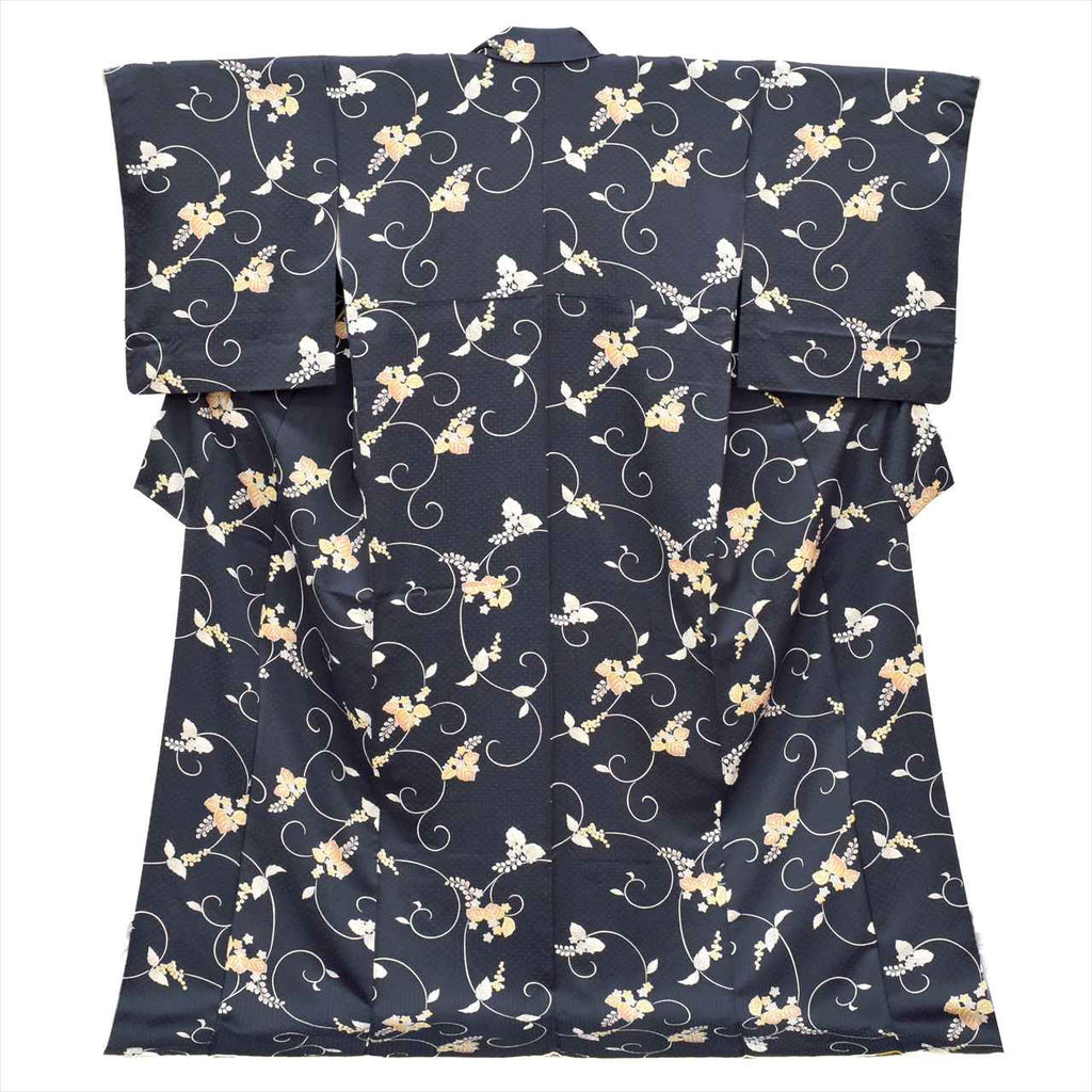 [Used] Komon (small patterned) recycled kimono, lined, pure silk, length 172.0cm (67.7in), size LL, sleeve length 69.0cm (27.2in), navy blue, paulownia pattern, excellent condition, high quality, semi-formal, spring, summer, autumn, winter, ready-made. 