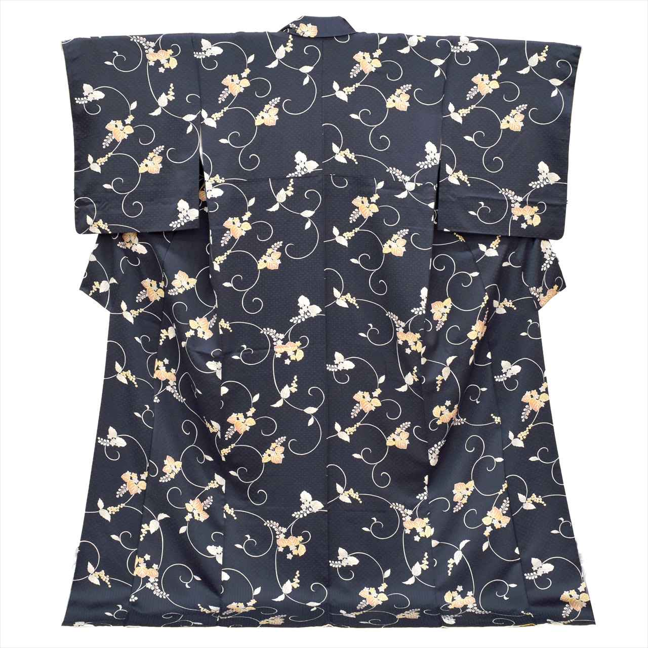 [Used] Komon (small patterned) recycled kimono, lined, pure silk, length 172.0cm (67.7in), size LL, sleeve length 69.0cm (27.2in), navy blue, paulownia pattern, excellent condition, high quality, semi-formal, spring, summer, autumn, winter, ready-made. 