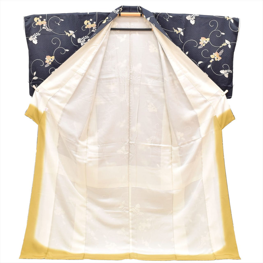 [Used] Komon (small patterned) recycled kimono, lined, pure silk, length 172.0cm (67.7in), size LL, sleeve length 69.0cm (27.2in), navy blue, paulownia pattern, excellent condition, high quality, semi-formal, spring, summer, autumn, winter, ready-made. 