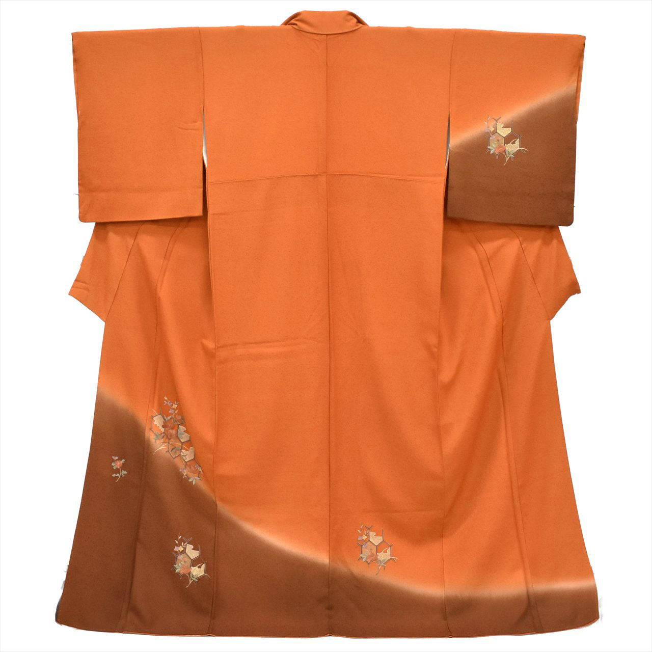 [Used] Tsukesage (formal kimono), lined, pure silk, length 163.5cm (64.4in), size L, sleeve length 64.8cm (25.5in), ready-made, recycled kimono, brown tones, tortoise shell and floral pattern, embroidered, tt2617b 