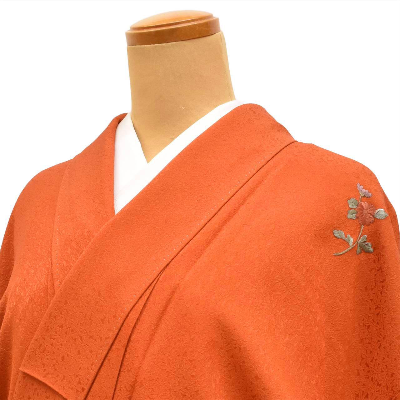 [Used] Tsukesage (formal kimono), lined, pure silk, length 163.5cm (64.4in), size L, sleeve length 64.8cm (25.5in), ready-made, recycled kimono, brown tones, tortoise shell and floral pattern, embroidered, tt2617b 