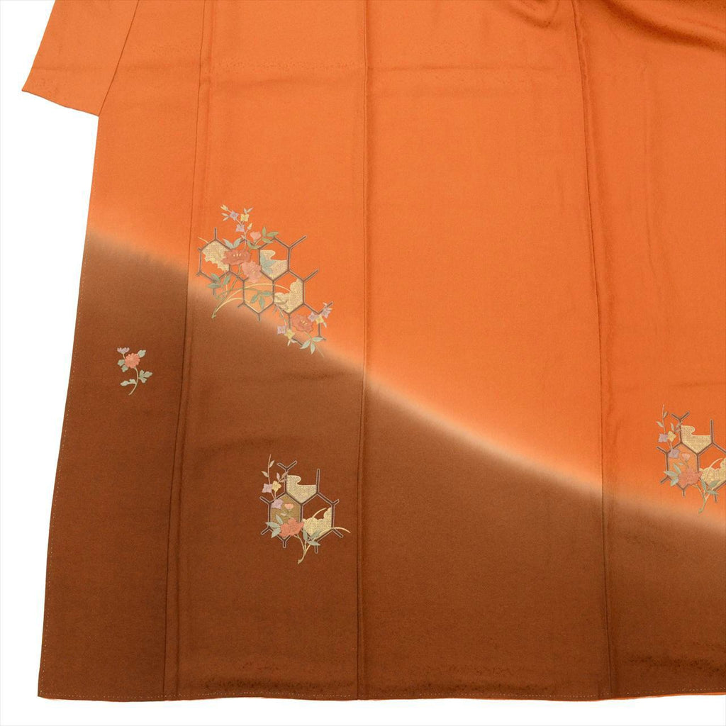 [Used] Tsukesage (formal kimono), lined, pure silk, length 163.5cm (64.4in), size L, sleeve length 64.8cm (25.5in), ready-made, recycled kimono, brown tones, tortoise shell and floral pattern, embroidered, tt2617b 