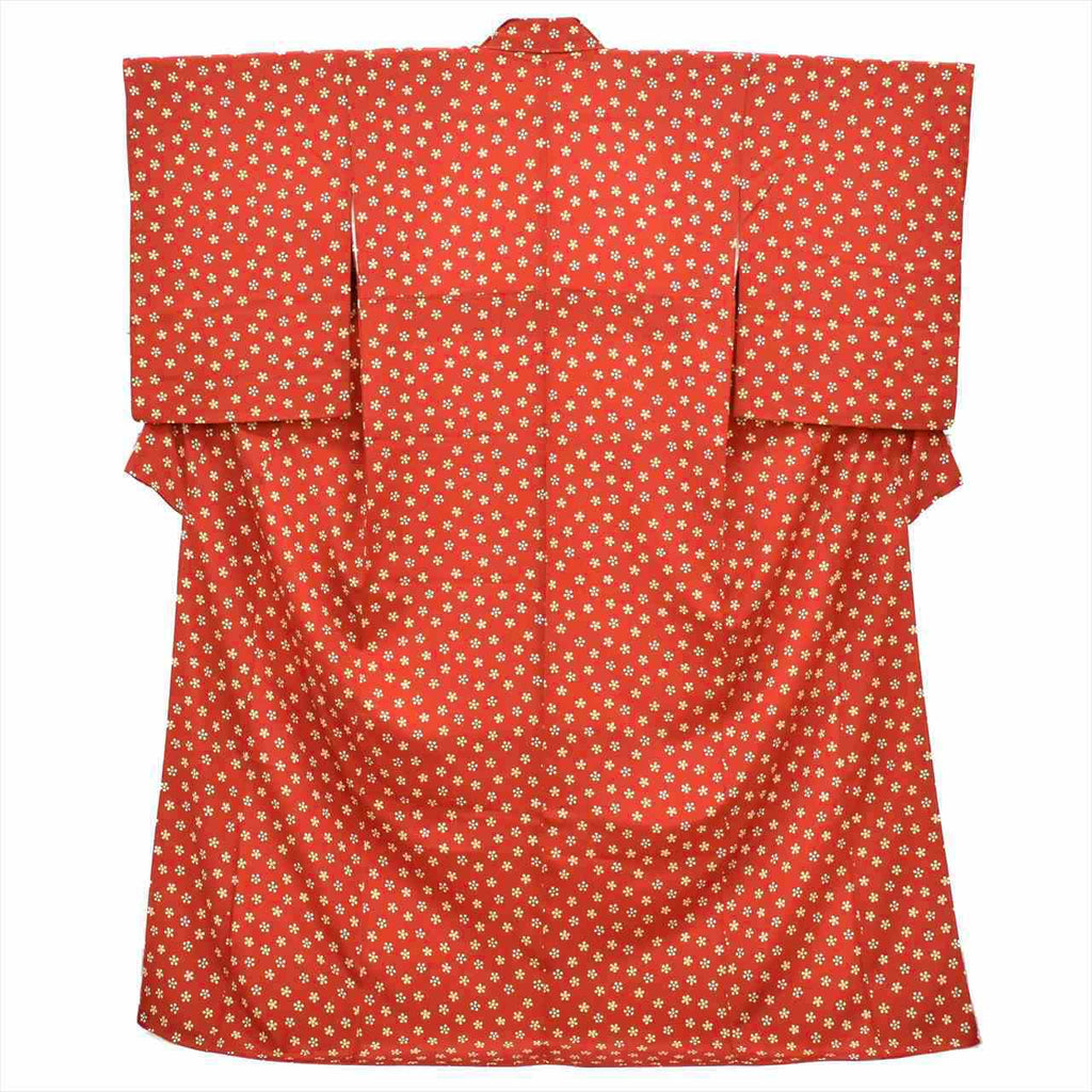 [Used] Komon (small patterned) recycled kimono, lined, pure silk, length 164.0cm (64.6in), size L, sleeve length 65.0cm (25.6in), reddish color with floral pattern, high quality, semi-formal, spring, summer, autumn, winter, ready-made. 