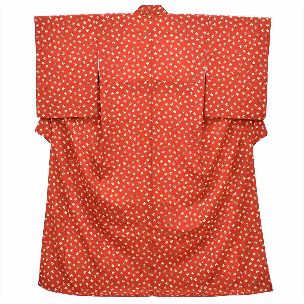 [Used] Komon (small patterned) recycled kimono, lined, pure silk, length 164.0cm (64.6in), size L, sleeve length 65.0cm (25.6in), reddish color with floral pattern, high quality, semi-formal, spring, summer, autumn, winter, ready-made. 