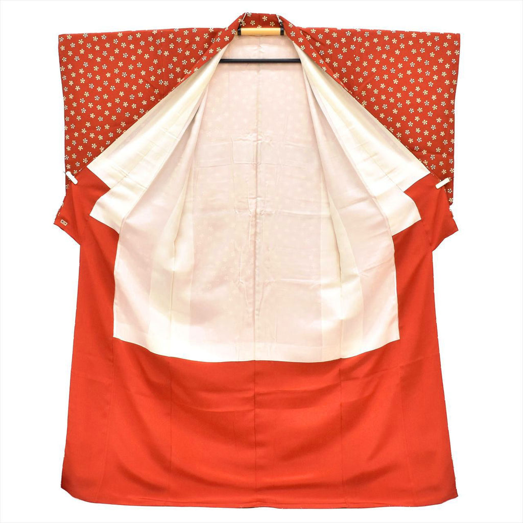 [Used] Komon (small patterned) recycled kimono, lined, pure silk, length 164.0cm (64.6in), size L, sleeve length 65.0cm (25.6in), reddish color with floral pattern, high quality, semi-formal, spring, summer, autumn, winter, ready-made. 