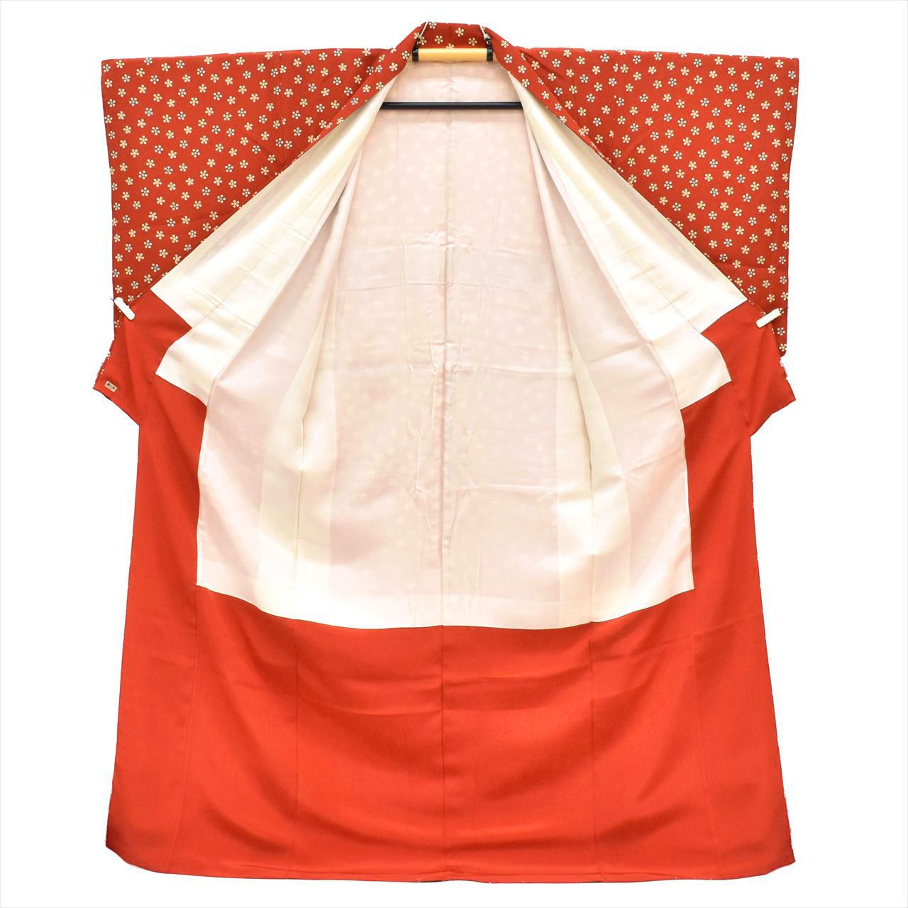 [Used] Komon (small patterned) recycled kimono, lined, pure silk, length 164.0cm (64.6in), size L, sleeve length 65.0cm (25.6in), reddish color with floral pattern, high quality, semi-formal, spring, summer, autumn, winter, ready-made. 