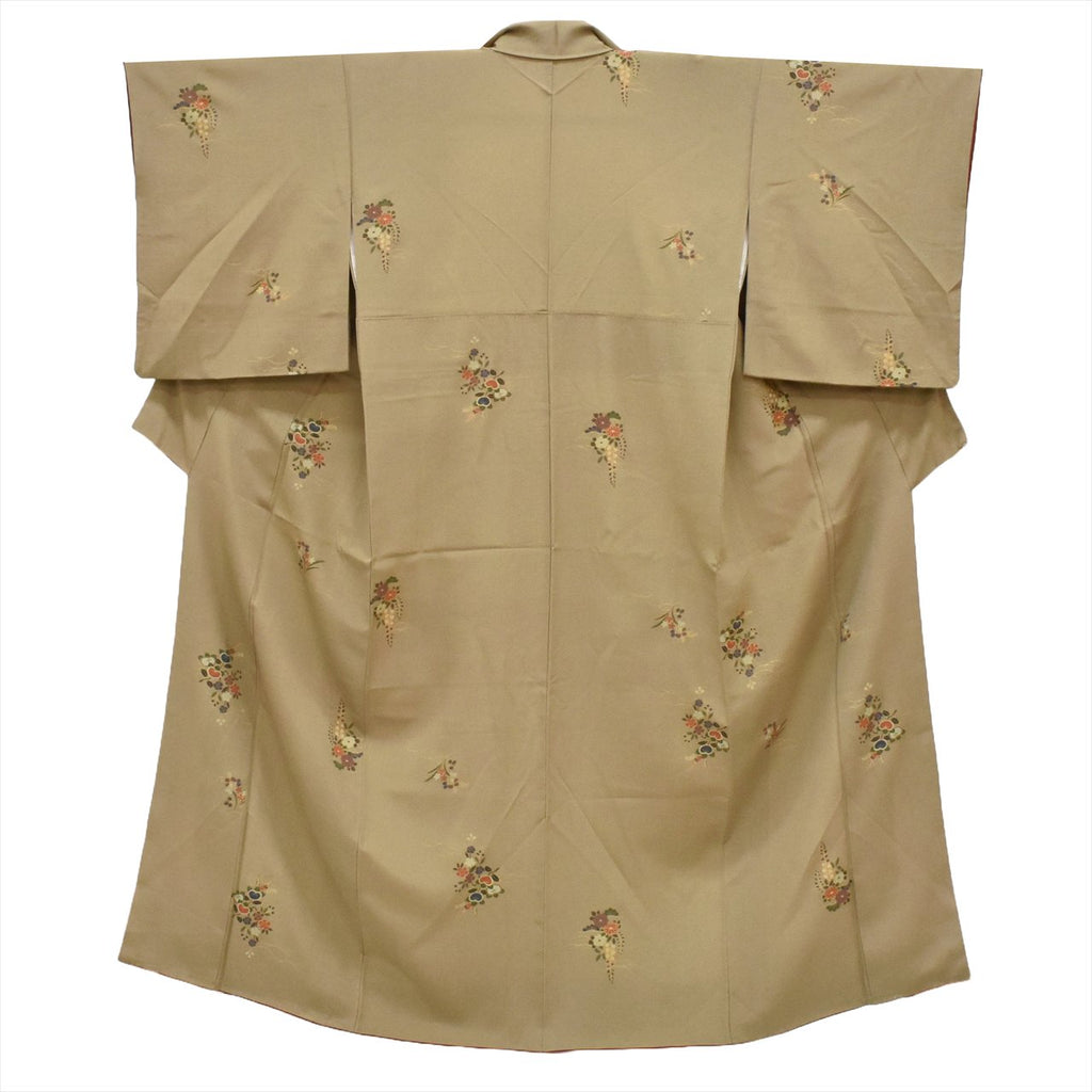 [Used] Komon (small patterned) recycled kimono, pure silk, length 153.0cm (60.2in) (size S), sleeve length 63.5cm (25.0in), lined, green, floral pattern, high quality, semi-formal, spring, summer, autumn, winter, ready-made. 