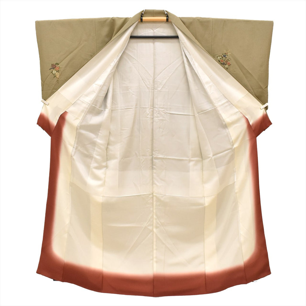 [Used] Komon (small patterned) recycled kimono, pure silk, length 153.0cm (60.2in) (size S), sleeve length 63.5cm (25.0in), lined, green, floral pattern, high quality, semi-formal, spring, summer, autumn, winter, ready-made. 