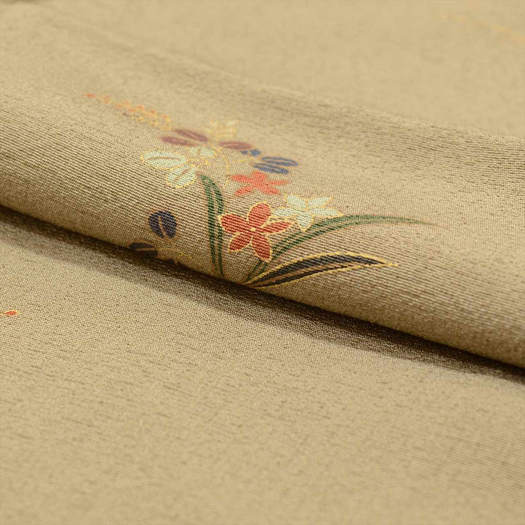 [Used] Komon (small patterned) recycled kimono, pure silk, length 153.0cm (60.2in) (size S), sleeve length 63.5cm (25.0in), lined, green, floral pattern, high quality, semi-formal, spring, summer, autumn, winter, ready-made. 