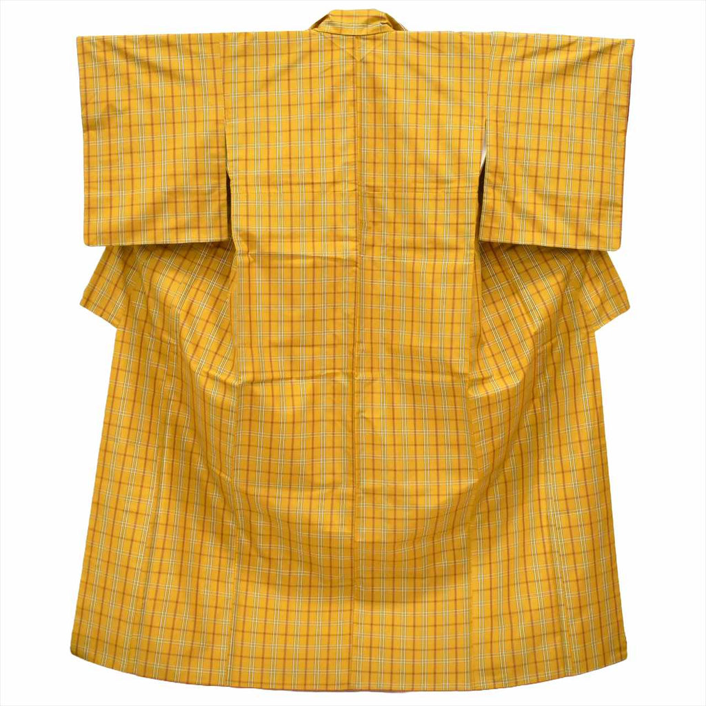 [Used] Authentic Kijōhachijō Silk Kimono, Lined, Length 157.0cm (61.8in) (Size M), Sleeve Length 63.8cm (25.1in), Ready-made, Recycled Kimono, with Certificate of Authenticity, Intangible Cultural Property, Kondō Den, Yellowish, Checkered Pattern, tt2623b 