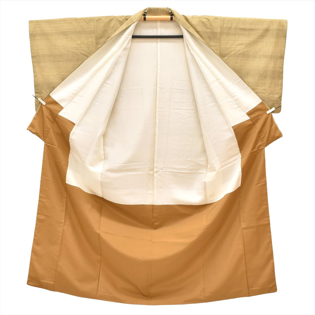 [Used] Tsumugi Silk Kimono, Length 155.0cm (61.0in) (Size S), Sleeve Length 66.0cm (26.0in), Ready-made, Recycled Kimono, Lined, Brown, Checkered Pattern, tt2645b 