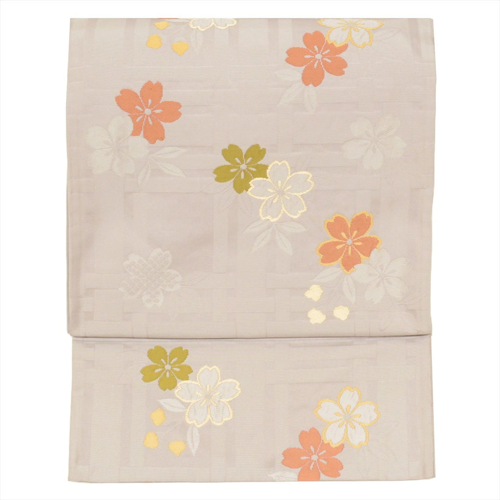 [Used] Kyoto-style obi (sash), synthetic fiber, ready-made, recycled obi, gray color, cherry blossom pattern, six-panel design, tt2656b [Japanese clothing, casual kimono, retro, antique, affordable, stylish, everyday wear, practice, kimono] [r26] 