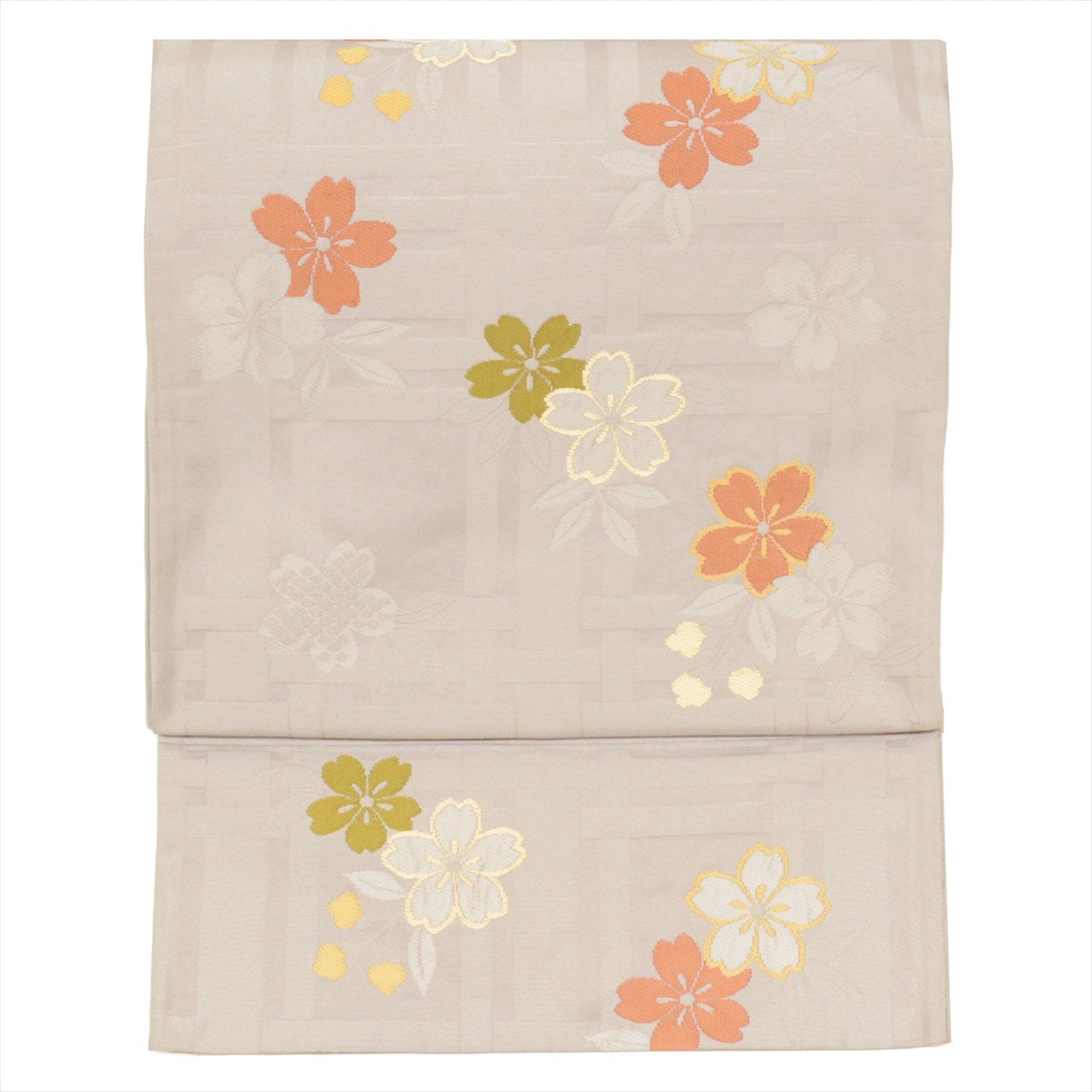 [Used] Kyoto-style obi (sash), synthetic fiber, ready-made, recycled obi, gray color, cherry blossom pattern, six-panel design, tt2656b [Japanese clothing, casual kimono, retro, antique, affordable, stylish, everyday wear, practice, kimono] [r26] 