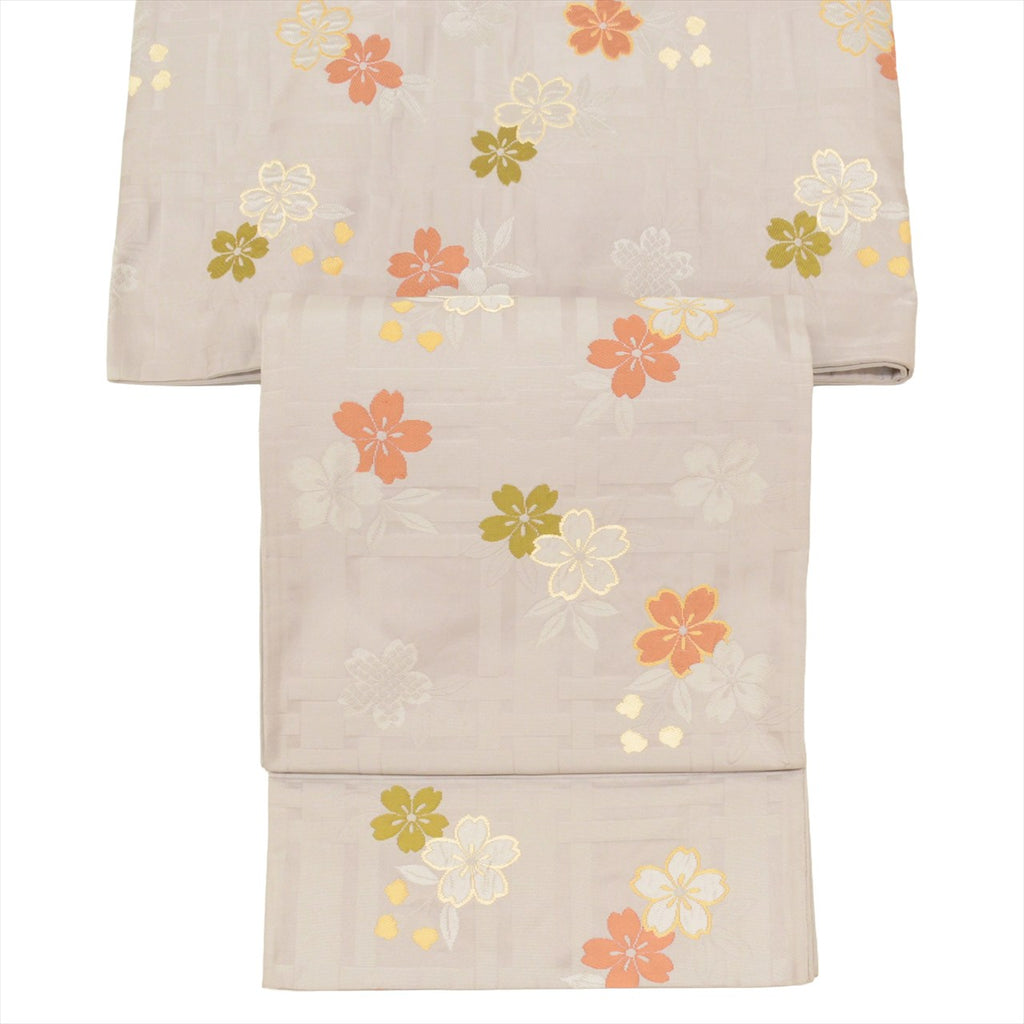 [Used] Kyoto-style obi (sash), synthetic fiber, ready-made, recycled obi, gray color, cherry blossom pattern, six-panel design, tt2656b [Japanese clothing, casual kimono, retro, antique, affordable, stylish, everyday wear, practice, kimono] [r26] 