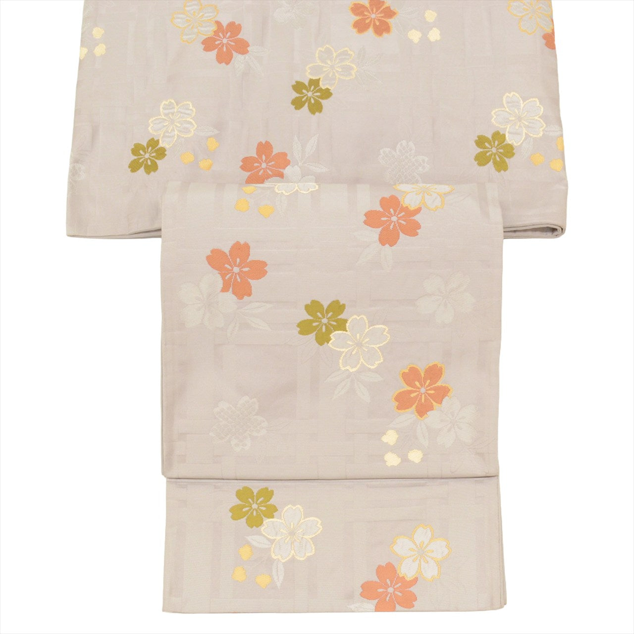 [Used] Kyoto-style obi (sash), synthetic fiber, ready-made, recycled obi, gray color, cherry blossom pattern, six-panel design, tt2656b [Japanese clothing, casual kimono, retro, antique, affordable, stylish, everyday wear, practice, kimono] [r26] 