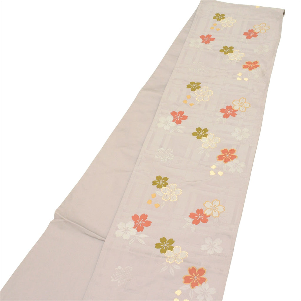 [Used] Kyoto-style obi (sash), synthetic fiber, ready-made, recycled obi, gray color, cherry blossom pattern, six-panel design, tt2656b [Japanese clothing, casual kimono, retro, antique, affordable, stylish, everyday wear, practice, kimono] [r26] 