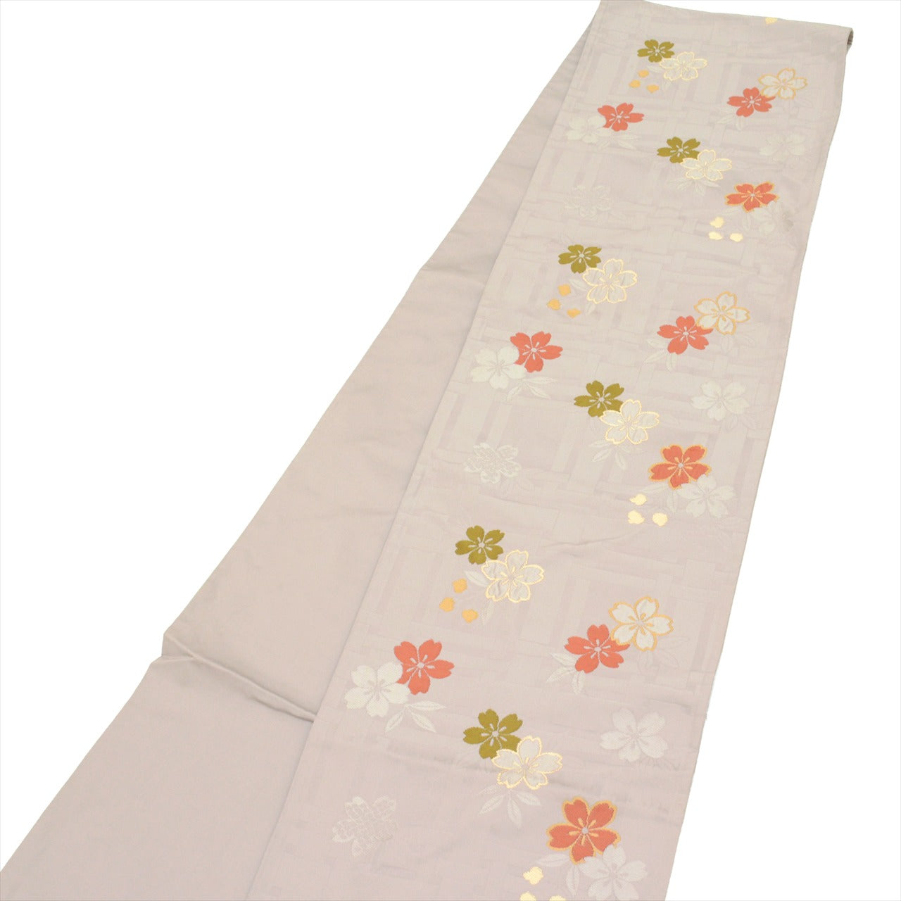 [Used] Kyoto-style obi (sash), synthetic fiber, ready-made, recycled obi, gray color, cherry blossom pattern, six-panel design, tt2656b [Japanese clothing, casual kimono, retro, antique, affordable, stylish, everyday wear, practice, kimono] [r26] 