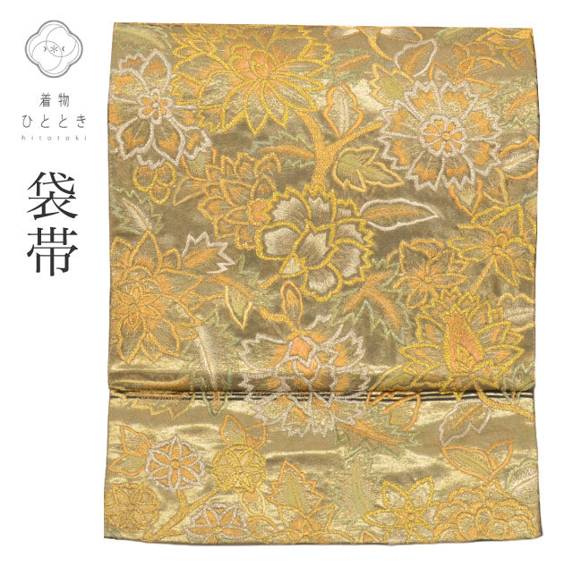 【中古】 袋帯 リサイクル 正絹 フォーマル 仕立て上がり 金色系 花文様 振袖用 六通柄 金糸 銀糸 tt2664b 【 送料無料 リユース 和服 結婚式 お祝い お茶会 パーティー 入学式 卒業式 お茶会 お茶席 茶道 着物 帯 kimono 通販 】
