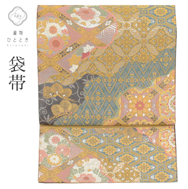 【中古】 袋帯 リサイクル 正絹 振袖用 カジュアル 仕立て上がり グレー色系 華文様 六通柄 金糸 銀糸 tt2666b 【 送料無料 リユース 和服 結婚式 お祝い お茶会 パーティー 入学式 卒業式 お茶会 お茶席 茶道 着物 帯 kimono 通販 】