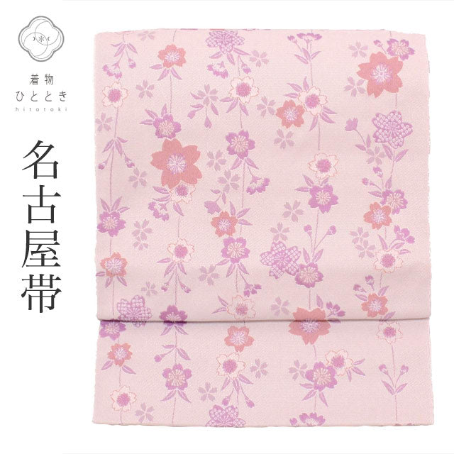 【中古】 名古屋帯 化繊 八寸 仕立て上がり 美品 未使用品 リサイクル帯 紫色系 桜文様 全通柄 tt2671b【r26】
