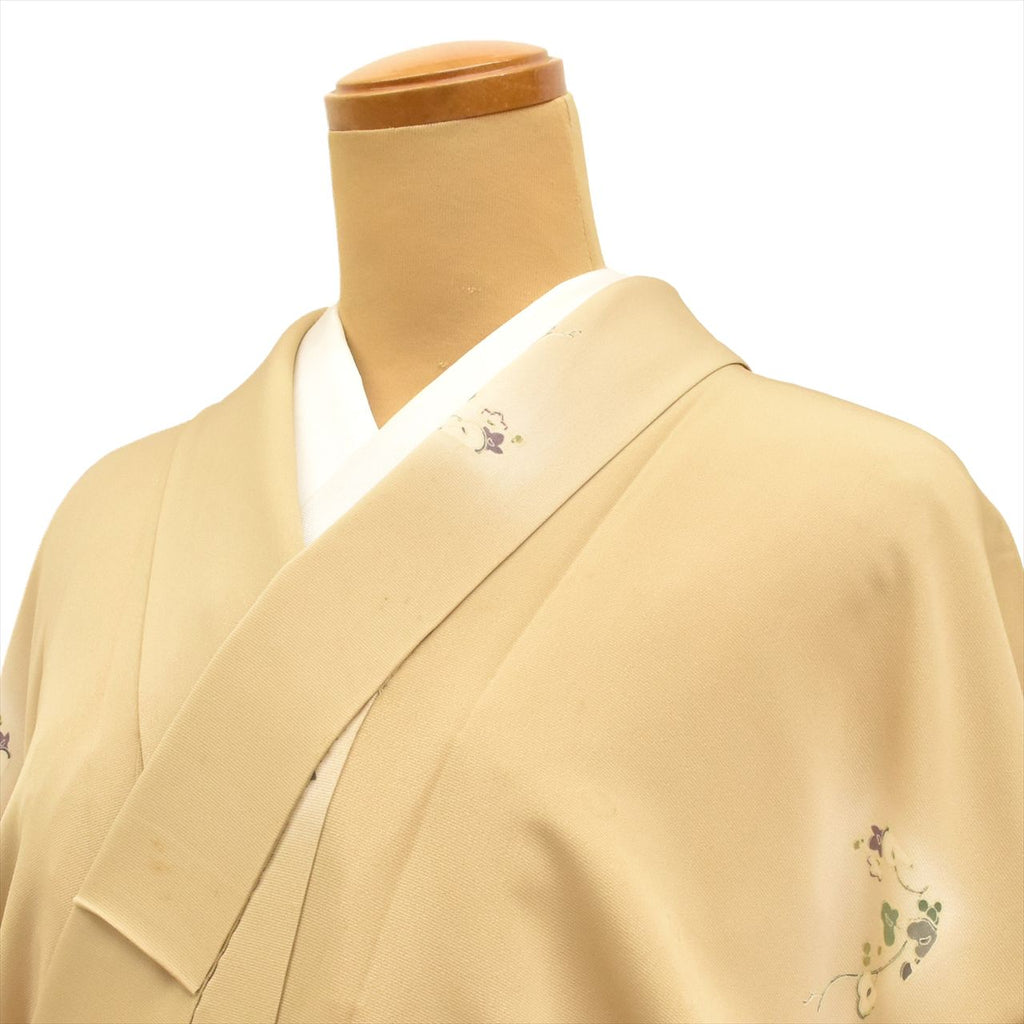 [Used] Komon (small patterned) recycled kimono, lined, pure silk, length 156.5cm (61.6in) (size M), sleeve length 68.5cm (27.0in), brown tones, floral pattern, high quality, semi-formal, spring, summer, autumn, winter, ready-made. 
