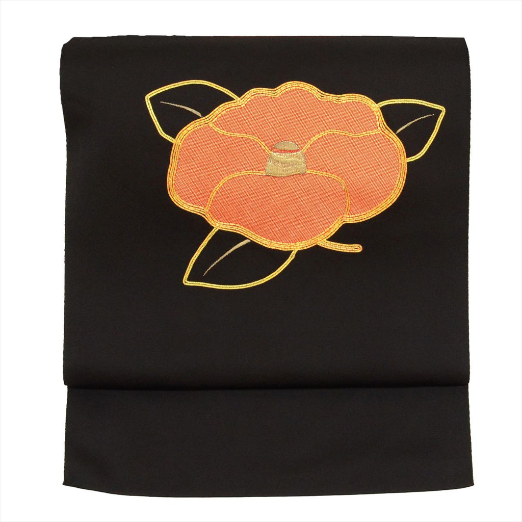 [Used] Nagoya obi (sash), synthetic fiber, 8-inch width, recycled obi, ready-made, black, camellia pattern, taiko pattern, gold embroidery, tt2684b 