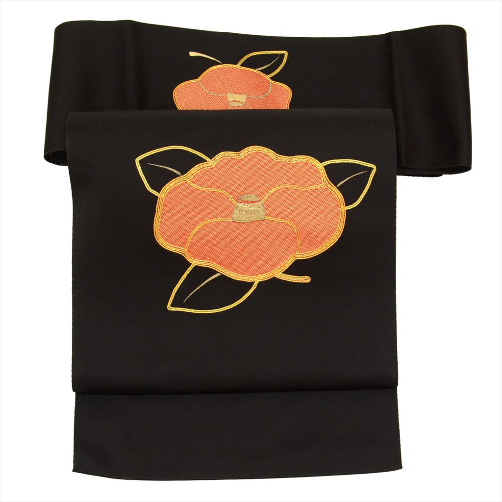 [Used] Nagoya obi (sash), synthetic fiber, 8-inch width, recycled obi, ready-made, black, camellia pattern, taiko pattern, gold embroidery, tt2684b 