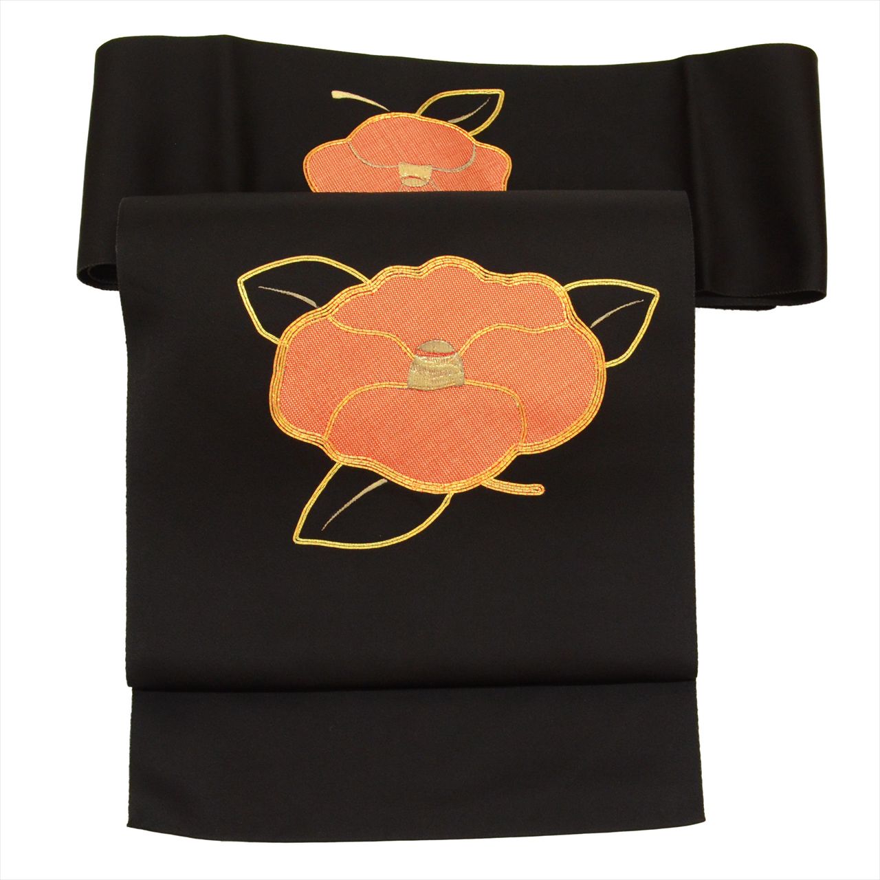[Used] Nagoya obi (sash), synthetic fiber, 8-inch width, recycled obi, ready-made, black, camellia pattern, taiko pattern, gold embroidery, tt2684b 