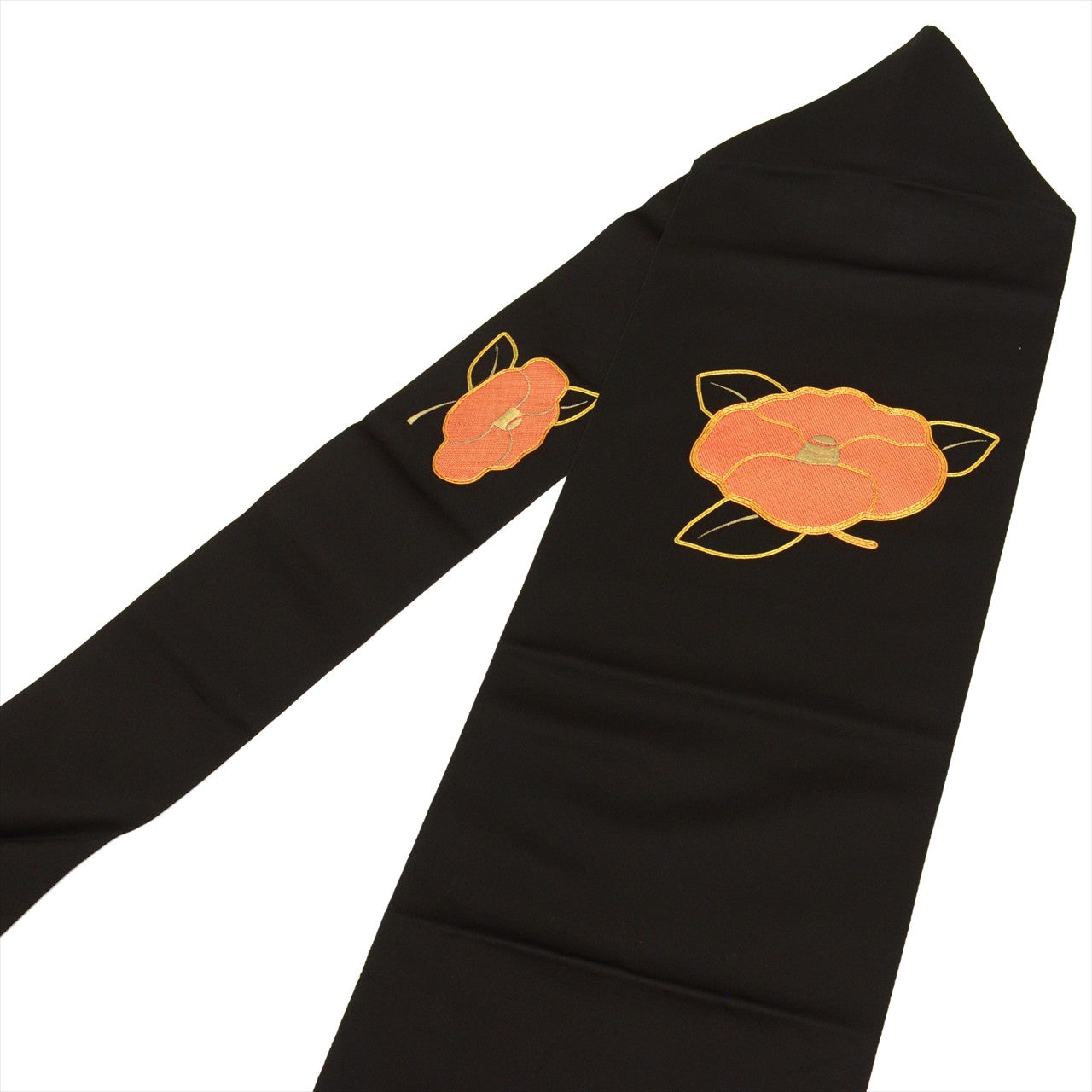 [Used] Nagoya obi (sash), synthetic fiber, 8-inch width, recycled obi, ready-made, black, camellia pattern, taiko pattern, gold embroidery, tt2684b 