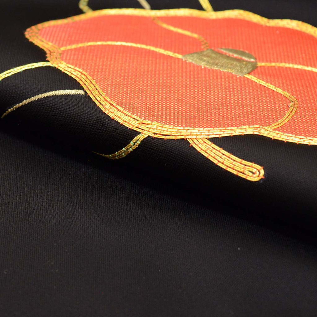 [Used] Nagoya obi (sash), synthetic fiber, 8-inch width, recycled obi, ready-made, black, camellia pattern, taiko pattern, gold embroidery, tt2684b 