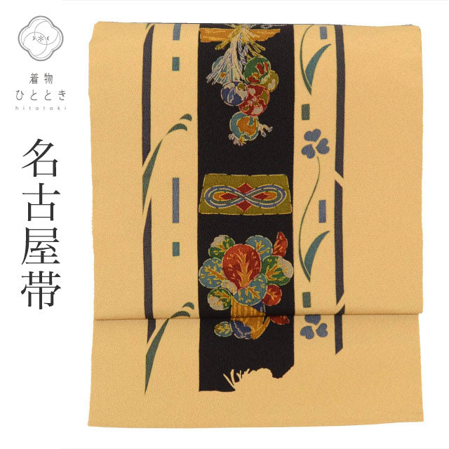 【中古】 名古屋帯 正絹 九寸 仕立て上がり リサイクル帯 茶色系 植物文様 縮緬 全通柄 染め帯 tt2688b