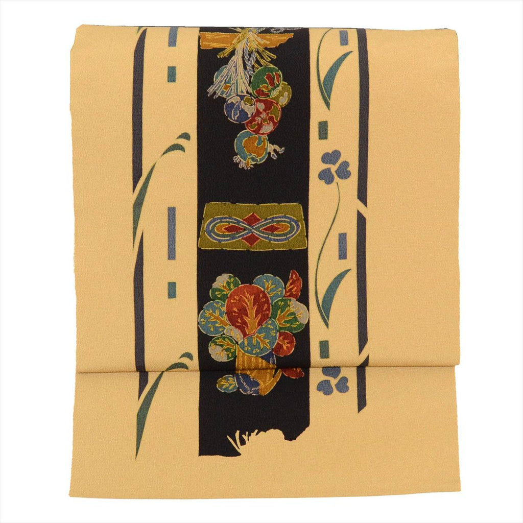 [Used] Nagoya obi (sash), pure silk, 9-inch width, ready-made, recycled obi, brown tones, botanical pattern, crepe fabric, all-over pattern, dyed obi tt2688b 