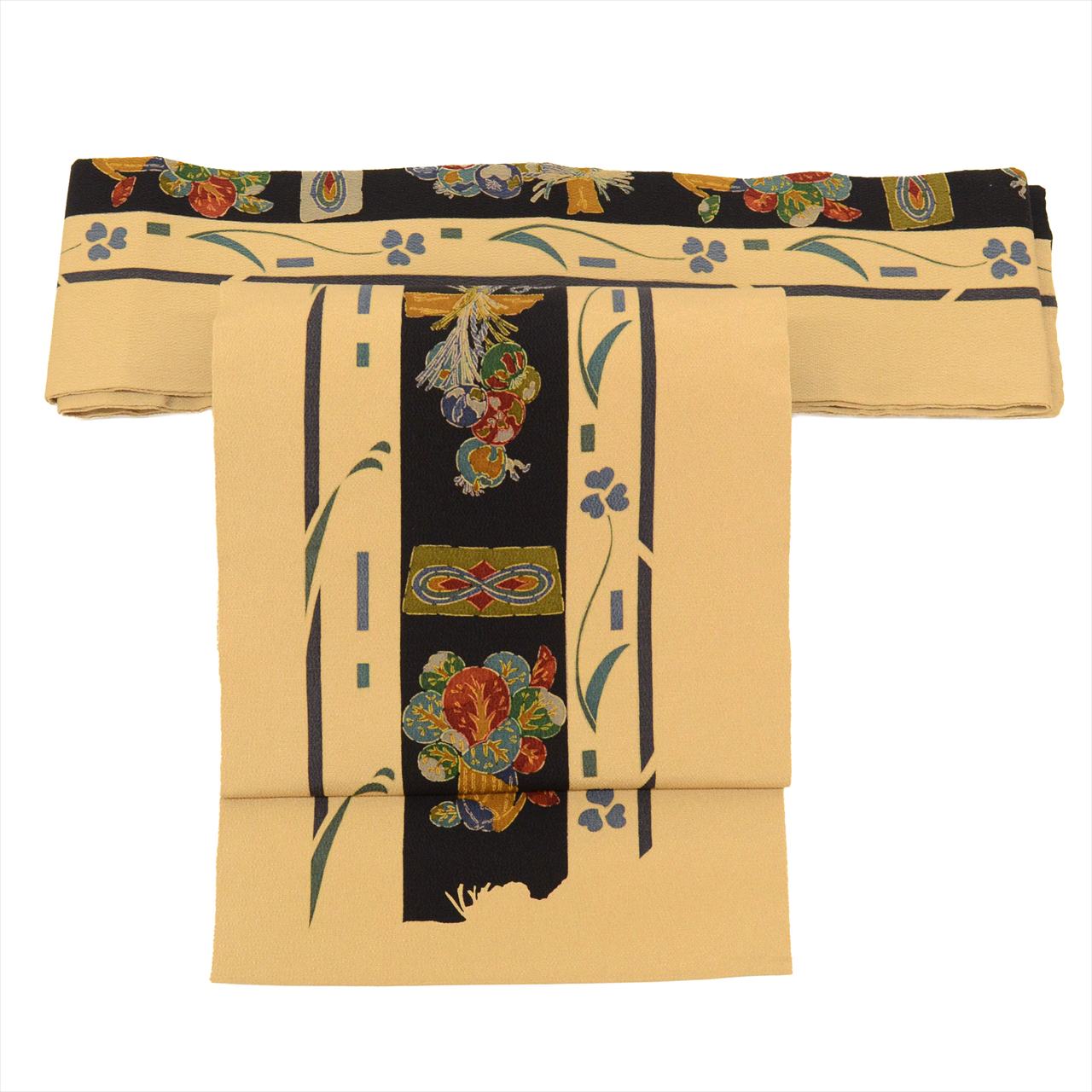 [Used] Nagoya obi (sash), pure silk, 9-inch width, ready-made, recycled obi, brown tones, botanical pattern, crepe fabric, all-over pattern, dyed obi tt2688b 