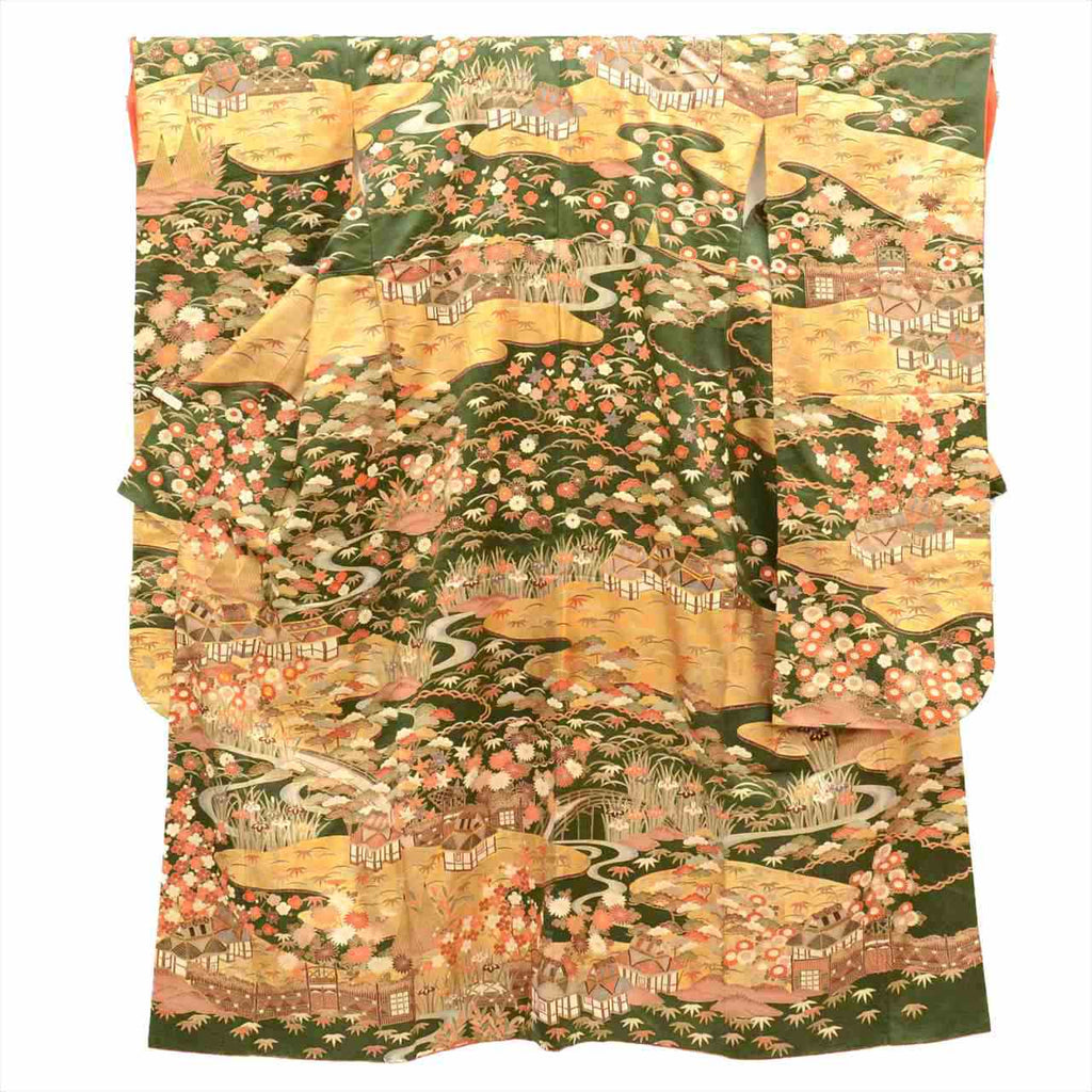 [Used] Furisode (long-sleeved kimono) - Single item, Pure silk, Length 157.0cm (61.8in) (M), Sleeve length 65.0cm (25.6in), Ready-made, Recycled kimono, Greenish color, Landscape pattern, Layered collar, Gold embroidery, Gold leaf, Vintage, tt2715b 
