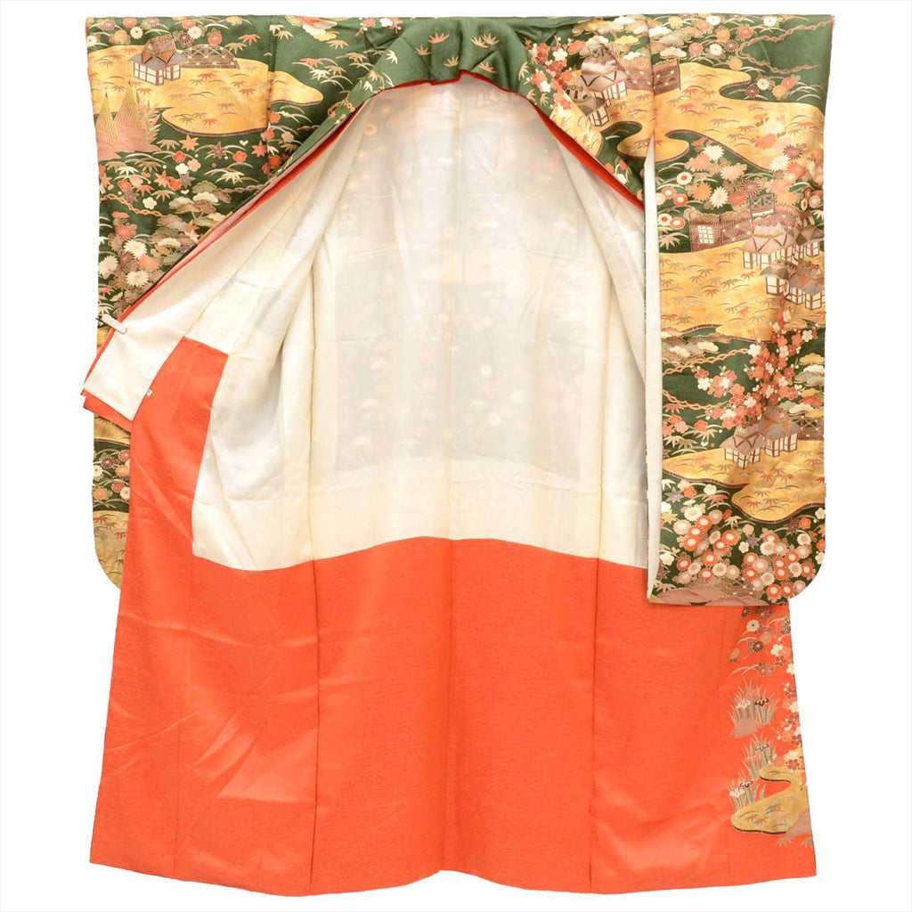 [Used] Furisode (long-sleeved kimono) - Single item, Pure silk, Length 157.0cm (61.8in) (M), Sleeve length 65.0cm (25.6in), Ready-made, Recycled kimono, Greenish color, Landscape pattern, Layered collar, Gold embroidery, Gold leaf, Vintage, tt2715b 