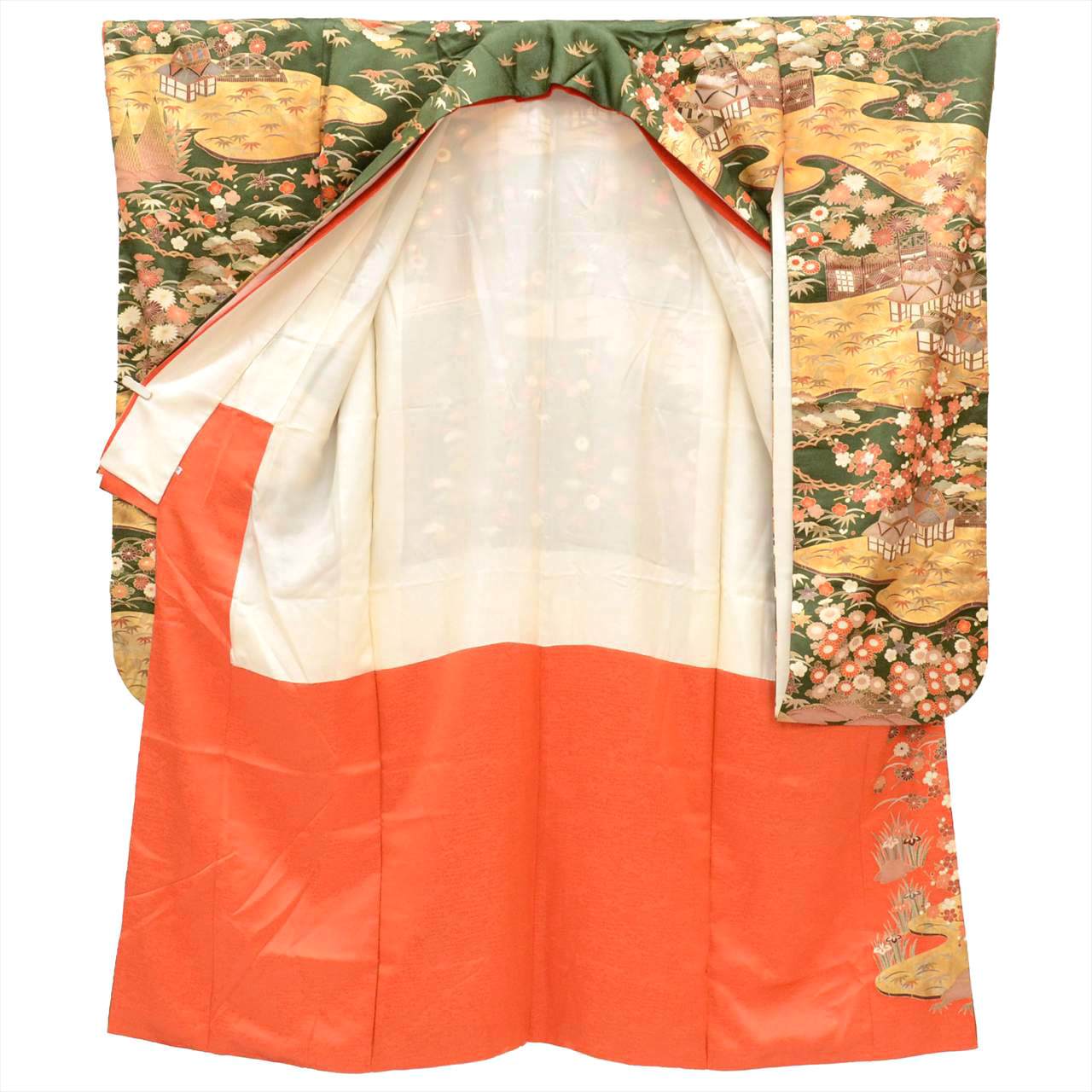 [Used] Furisode (long-sleeved kimono) - Single item, Pure silk, Length 157.0cm (61.8in) (M), Sleeve length 65.0cm (25.6in), Ready-made, Recycled kimono, Greenish color, Landscape pattern, Layered collar, Gold embroidery, Gold leaf, Vintage, tt2715b 