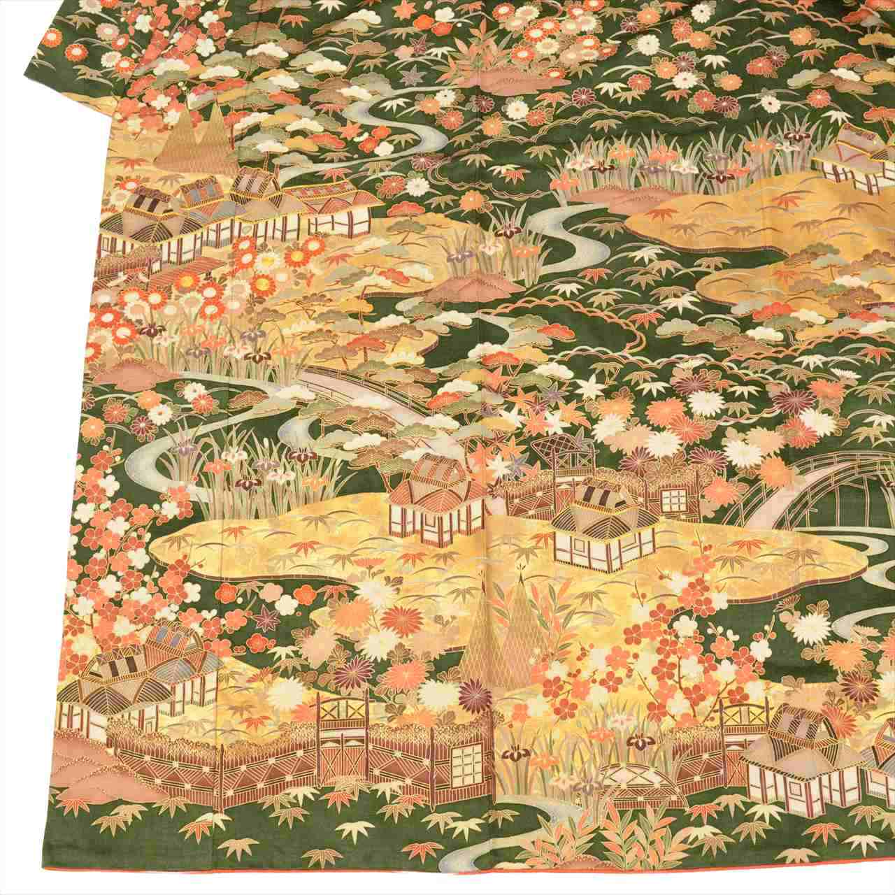 [Used] Furisode (long-sleeved kimono) - Single item, Pure silk, Length 157.0cm (61.8in) (M), Sleeve length 65.0cm (25.6in), Ready-made, Recycled kimono, Greenish color, Landscape pattern, Layered collar, Gold embroidery, Gold leaf, Vintage, tt2715b 