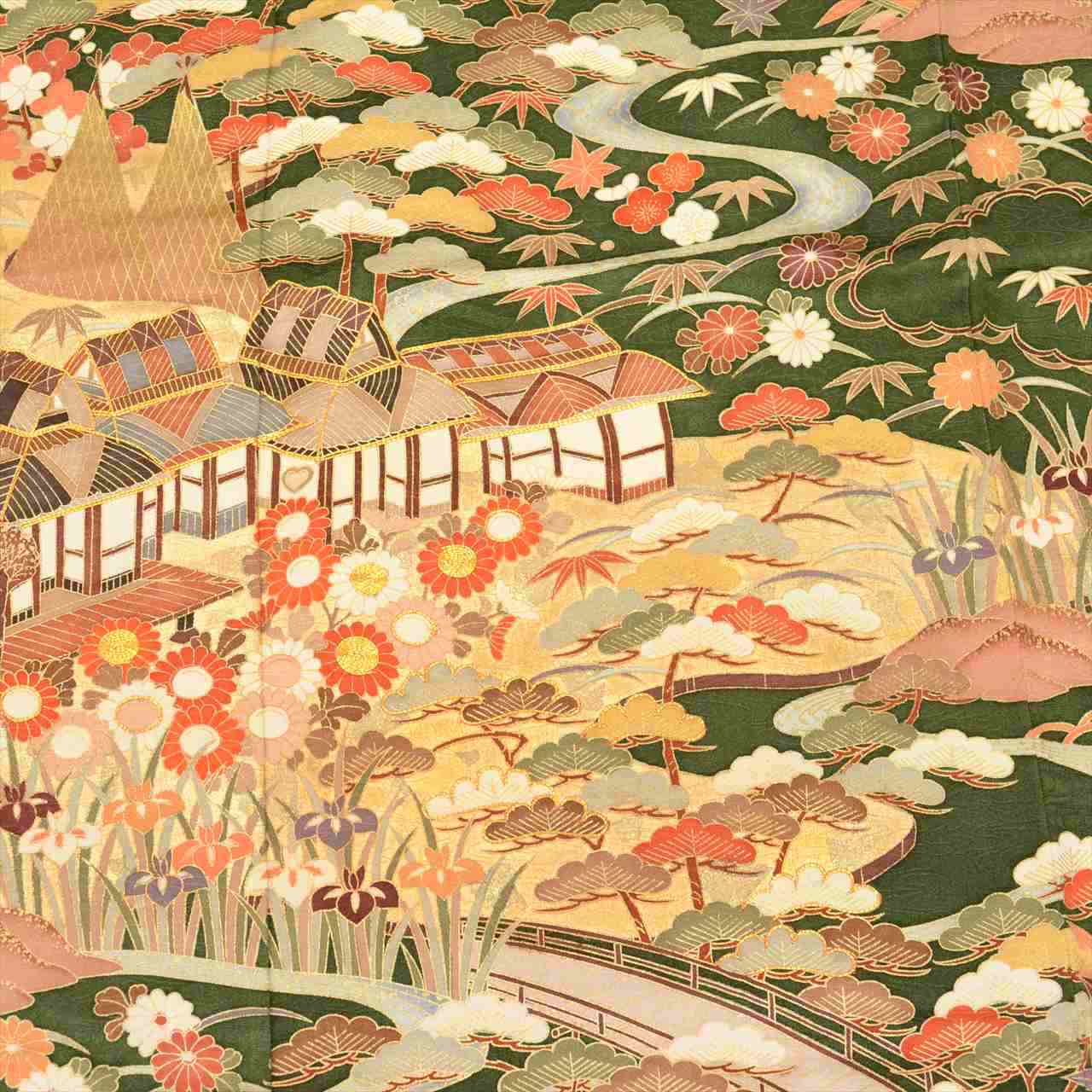 [Used] Furisode (long-sleeved kimono) - Single item, Pure silk, Length 157.0cm (61.8in) (M), Sleeve length 65.0cm (25.6in), Ready-made, Recycled kimono, Greenish color, Landscape pattern, Layered collar, Gold embroidery, Gold leaf, Vintage, tt2715b 