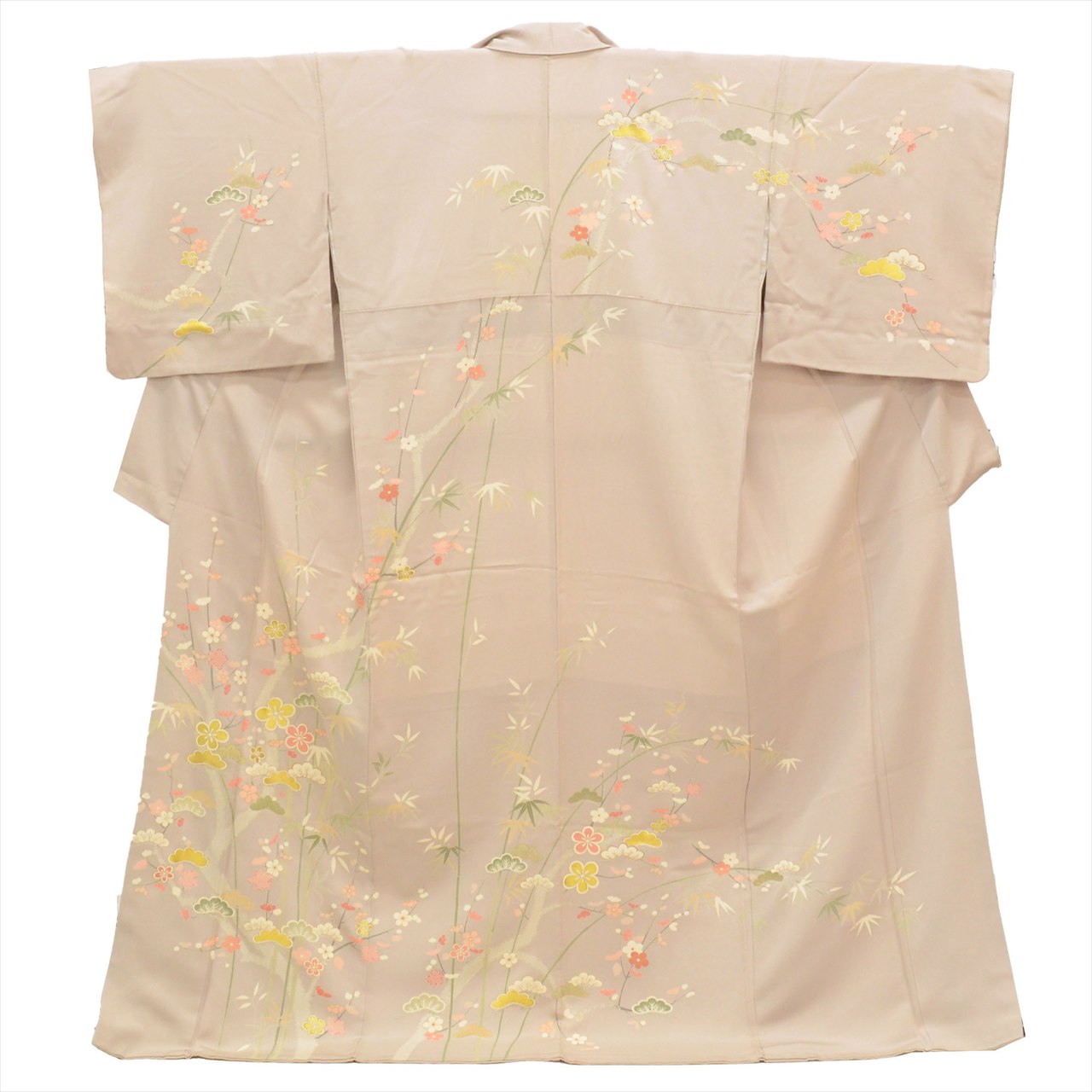 [Used] Recycled formal kimono, lined, pure silk, length 166.2cm (65.4in), size LL, sleeve length 71.0cm (28.0in), ready-made, gray color, plum blossom pattern, Yuzen dyeing, gold leaf, tt2720b 