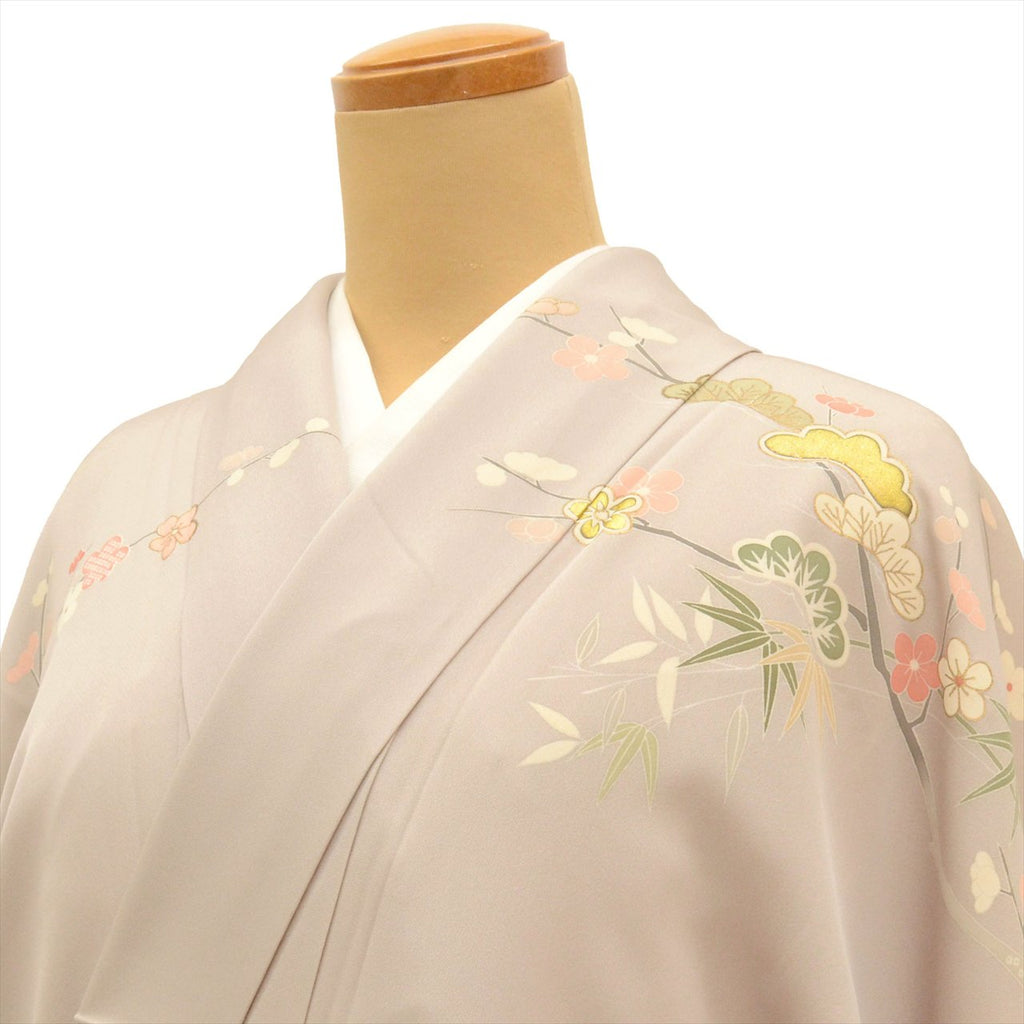 [Used] Recycled formal kimono, lined, pure silk, length 166.2cm (65.4in), size LL, sleeve length 71.0cm (28.0in), ready-made, gray color, plum blossom pattern, Yuzen dyeing, gold leaf, tt2720b 