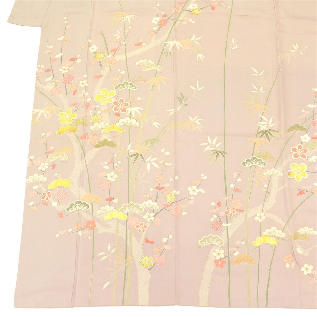 [Used] Recycled formal kimono, lined, pure silk, length 166.2cm (65.4in), size LL, sleeve length 71.0cm (28.0in), ready-made, gray color, plum blossom pattern, Yuzen dyeing, gold leaf, tt2720b 