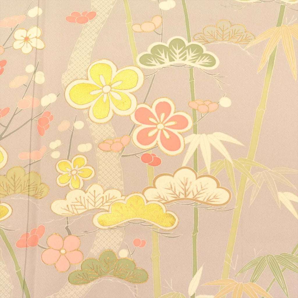 [Used] Recycled formal kimono, lined, pure silk, length 166.2cm (65.4in), size LL, sleeve length 71.0cm (28.0in), ready-made, gray color, plum blossom pattern, Yuzen dyeing, gold leaf, tt2720b 