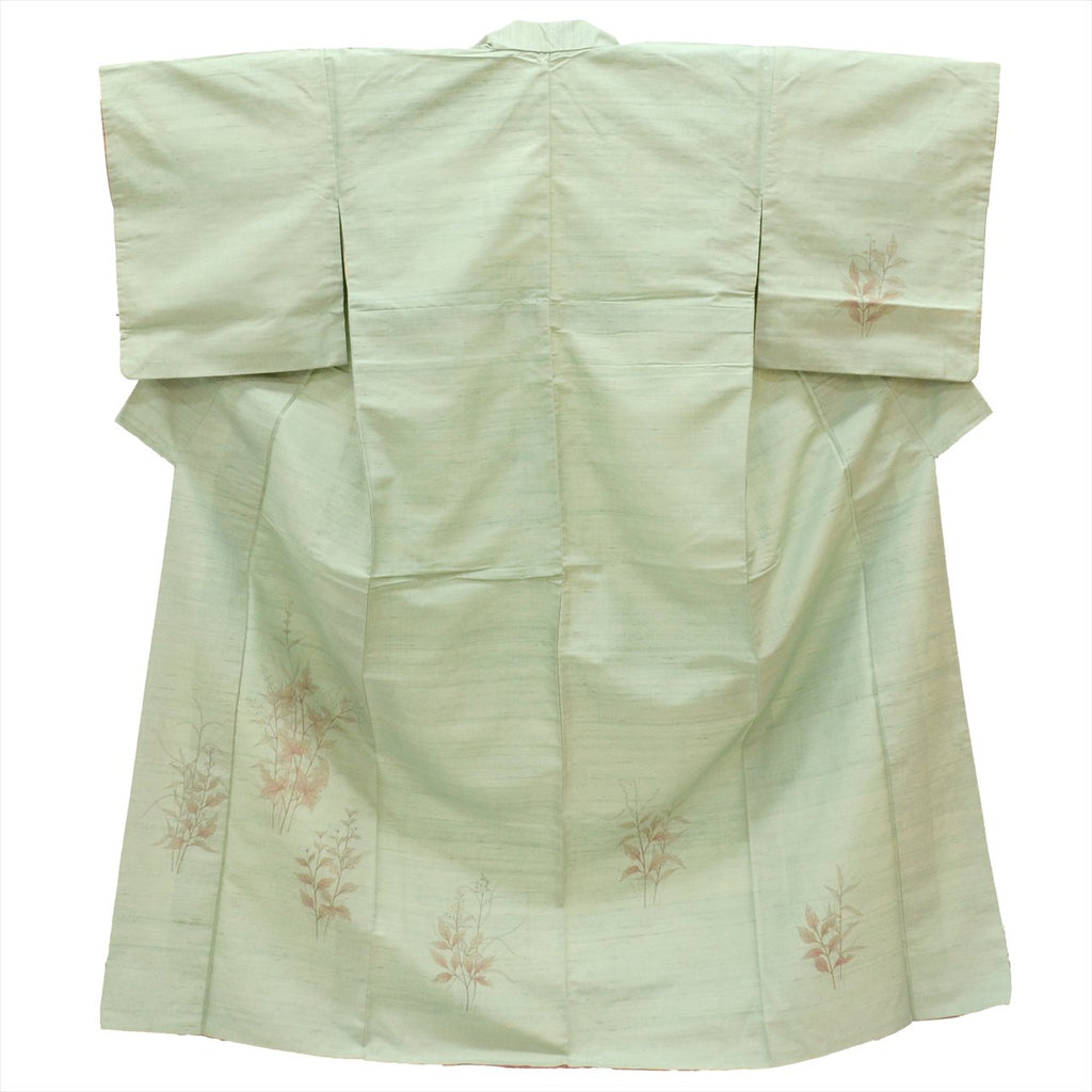 Hakusan Tsumugi Silk Kimono, Lined, Length 161.5cm (63.6in) (Size L), Sleeve Length 67.7cm (26.7in), Ready-made, Recycled Kimono, Green with Floral Pattern, tt2727b 
