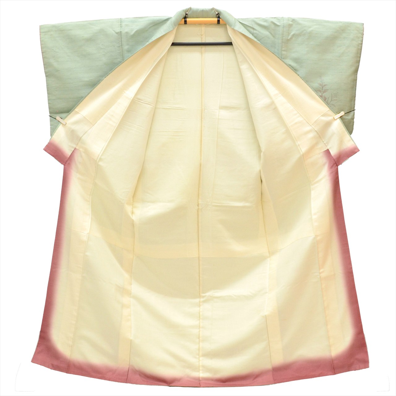 Hakusan Tsumugi Silk Kimono, Lined, Length 161.5cm (63.6in) (Size L), Sleeve Length 67.7cm (26.7in), Ready-made, Recycled Kimono, Green with Floral Pattern, tt2727b 