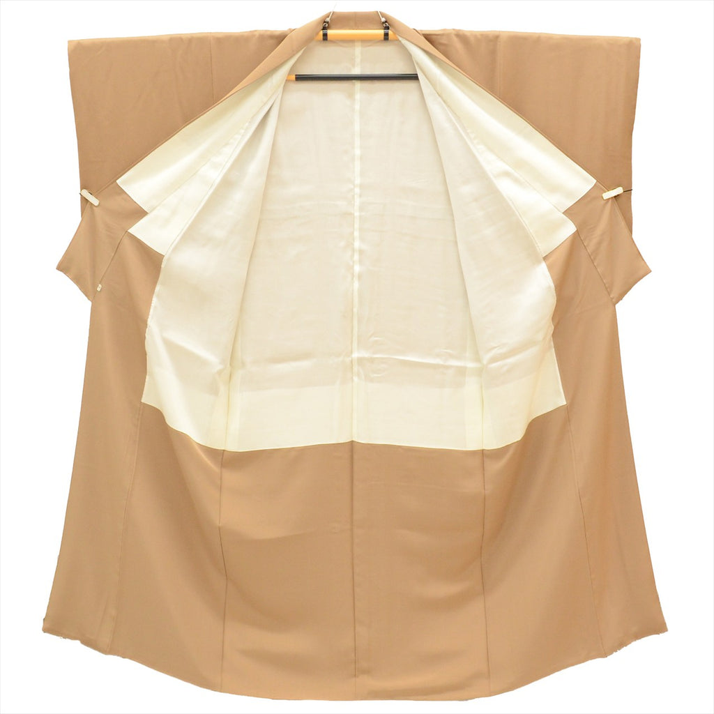 [Used] Plain colored silk kimono, length 154cm, size S, sleeve length 65cm, lined, ready-made, recycled kimono, used, brown color, with crest, tt2753b, suitable for entrance ceremonies, graduation ceremonies, kindergarten entrance ceremonies. 