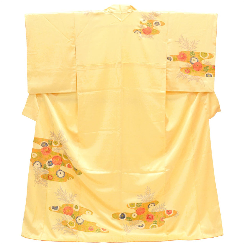 [Used] Recycled formal kimono (Houmongi), pure silk, length 166.5cm (65.6in), size LL, sleeve length 65.3cm (25.7in), ready-made, formal wear, recycled kimono, lined, used, yellowish, chrysanthemum pattern, gold embroidery, tt2754b 