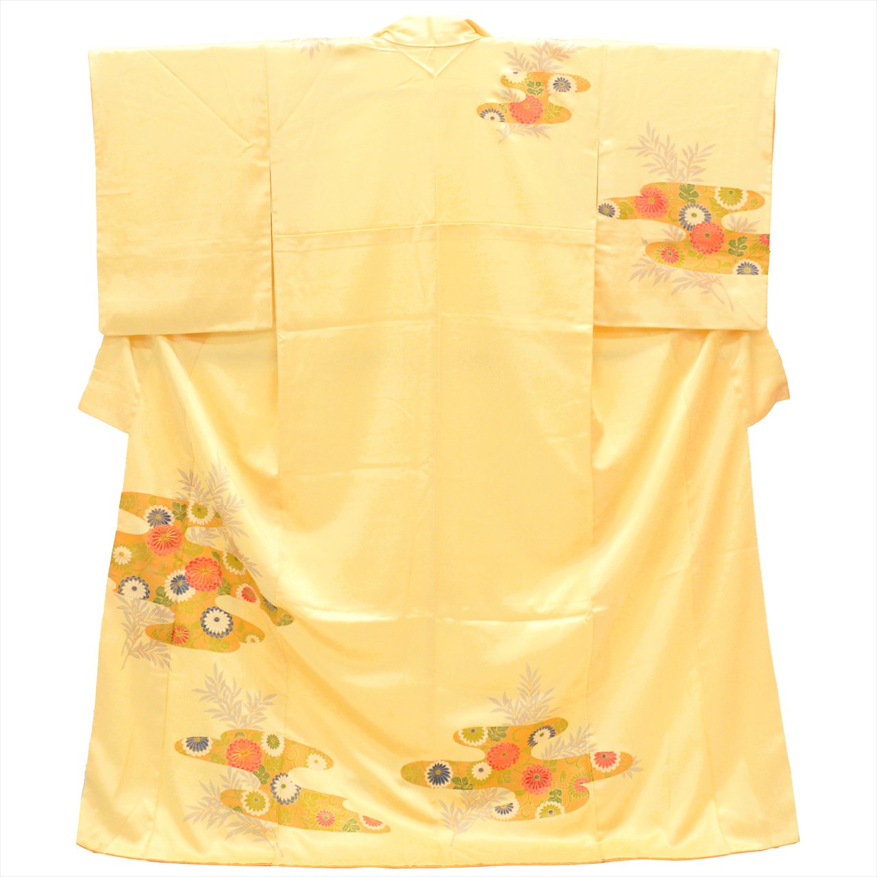 [Used] Recycled formal kimono (Houmongi), pure silk, length 166.5cm (65.6in), size LL, sleeve length 65.3cm (25.7in), ready-made, formal wear, recycled kimono, lined, used, yellowish, chrysanthemum pattern, gold embroidery, tt2754b 