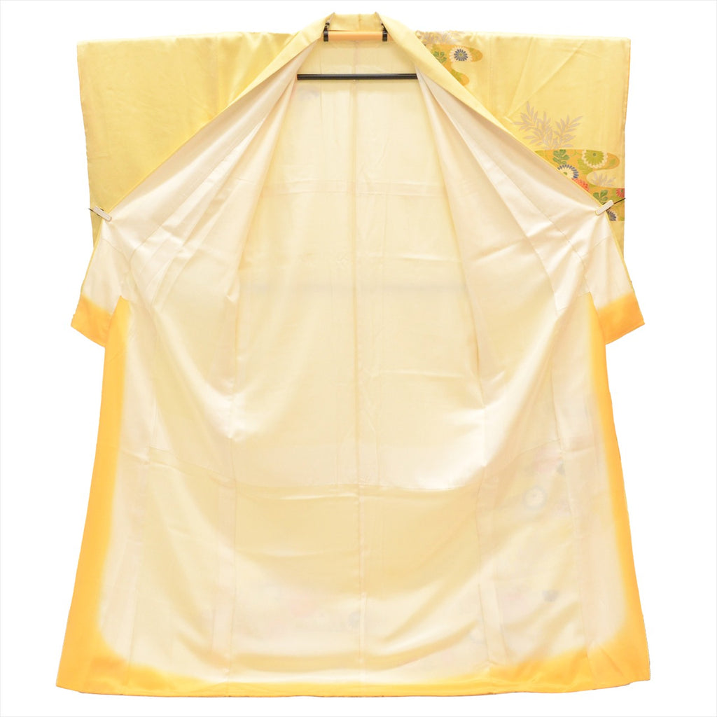 [Used] Recycled formal kimono (Houmongi), pure silk, length 166.5cm (65.6in), size LL, sleeve length 65.3cm (25.7in), ready-made, formal wear, recycled kimono, lined, used, yellowish, chrysanthemum pattern, gold embroidery, tt2754b 